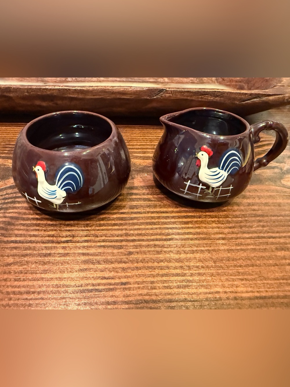 Vintage Japan Rooster Creamer Sugar Bowl Set Brown Ceramic Farmhouse Country